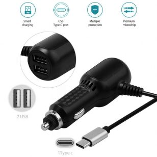 Autolader met ongekrulde USB-C kabel en 2 USB poorten